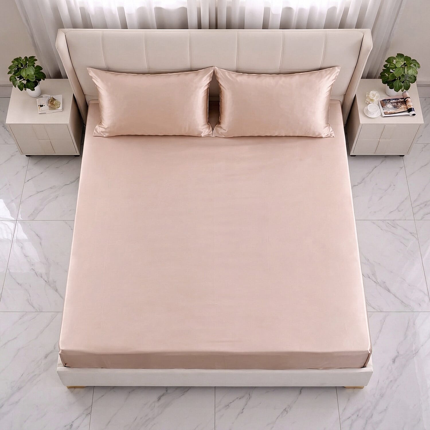 La Marey Signature Print Beige 100% Mulberry Silk 4pcs Sheet Set - Queen
