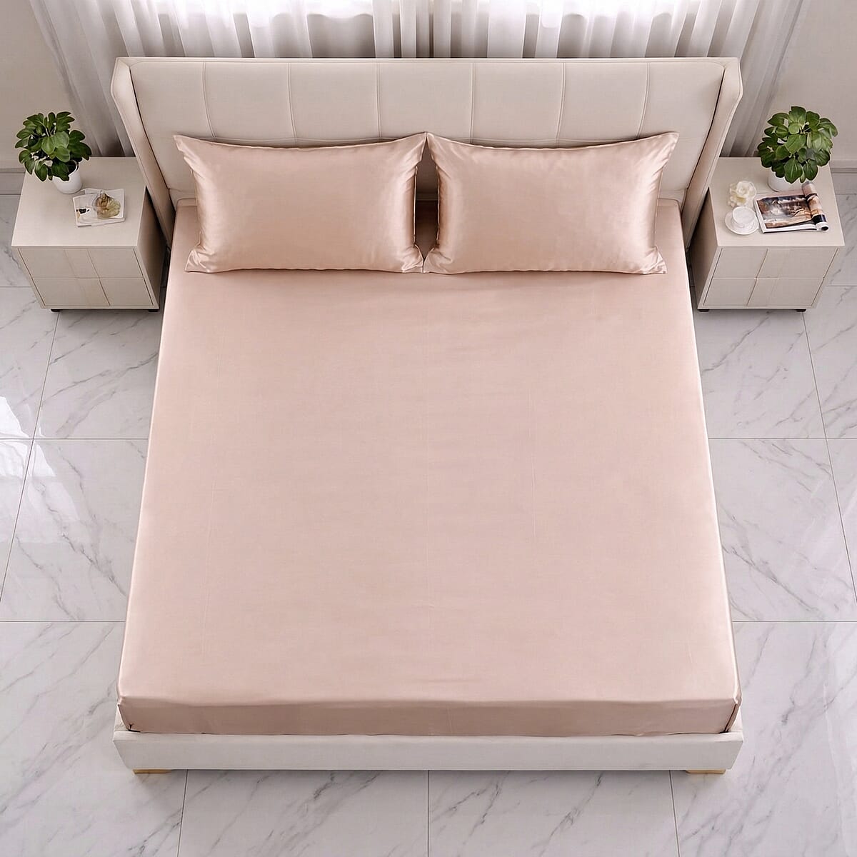 La Marey Signature Print Beige 100% Mulberry Silk 4pcs Sheet Set - Queen image number 3