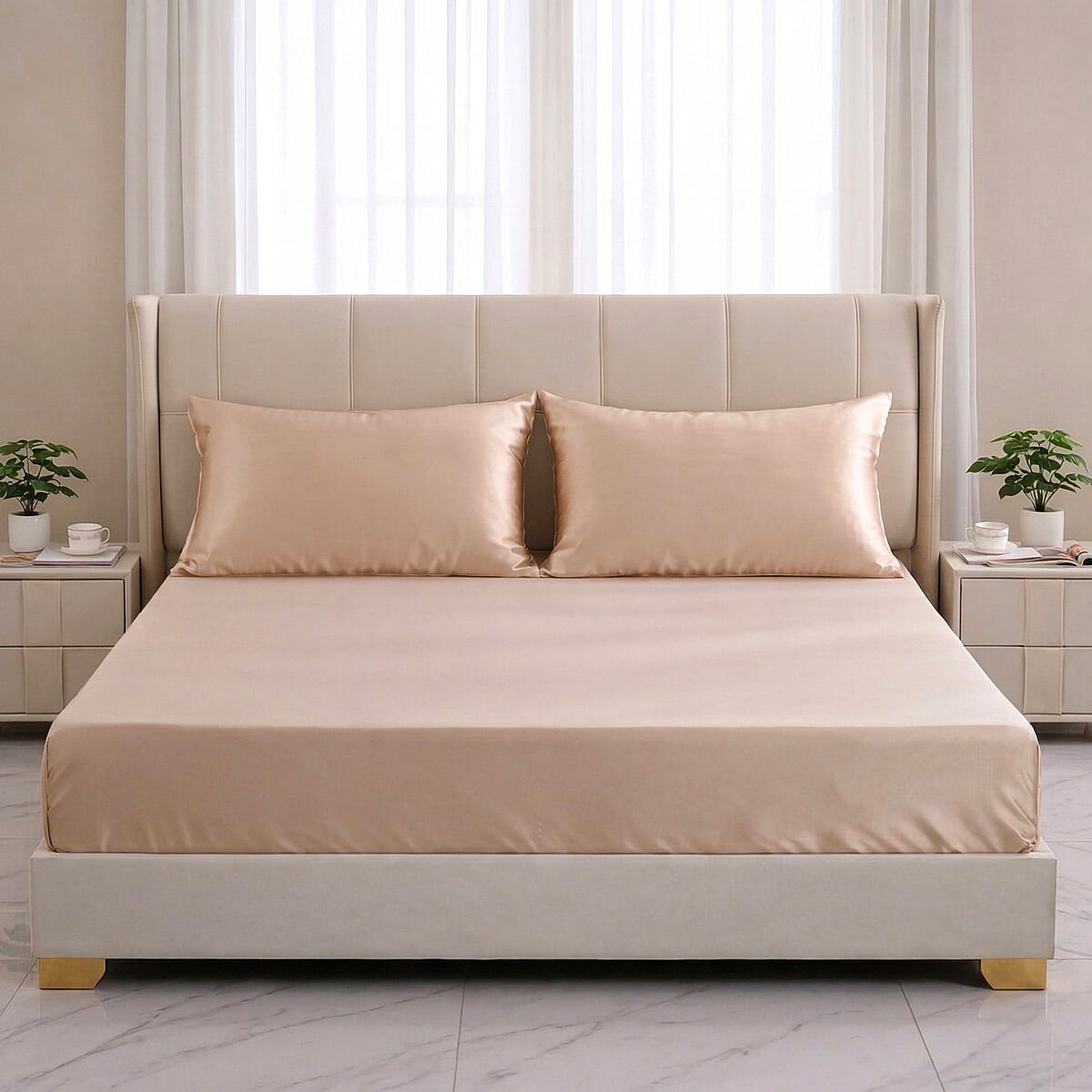 La Marey Signature Print Beige 100% Mulberry Silk 4pcs Sheet Set - King image number 2