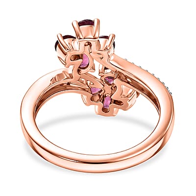 D'Joy Premium Malawi Magenta Garnet and Moissanite 1.70 ctw Floral Affair Ring in 18K Vermeil Rose Gold Over Sterling Silver (Size 5.0)