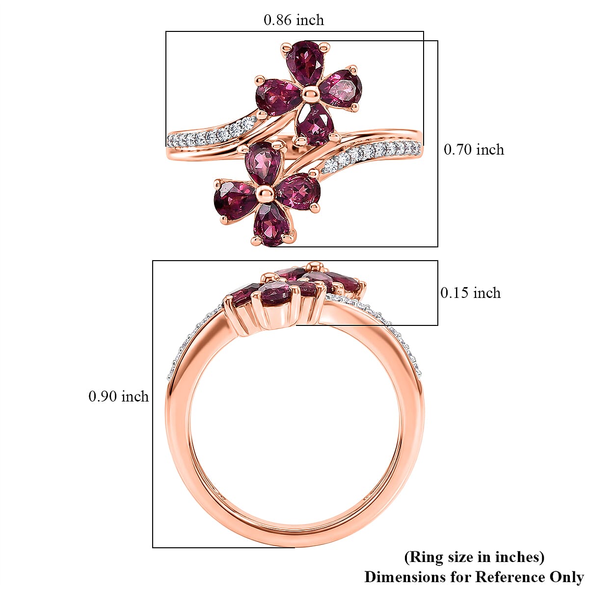 D'Joy Premium Malawi Magenta Garnet and Moissanite 1.70 ctw Floral Affair Ring in 18K Vermeil Rose Gold Over Sterling Silver (Size 5.0) image number 5