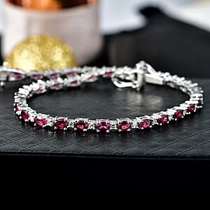 Premium Malawi Magenta Garnet and Luxuriant Lab Grown Diamond G-H SI 8.00 ctw Moonlit Line Bracelet in Rhodium Over Sterling Silver (8.00 In)