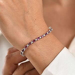 Premium Malawi Magenta Garnet and Luxuriant Lab Grown Diamond G-H SI 8.00 ctw Moonlit Line Bracelet in Rhodium Over Sterling Silver (8.00 In)