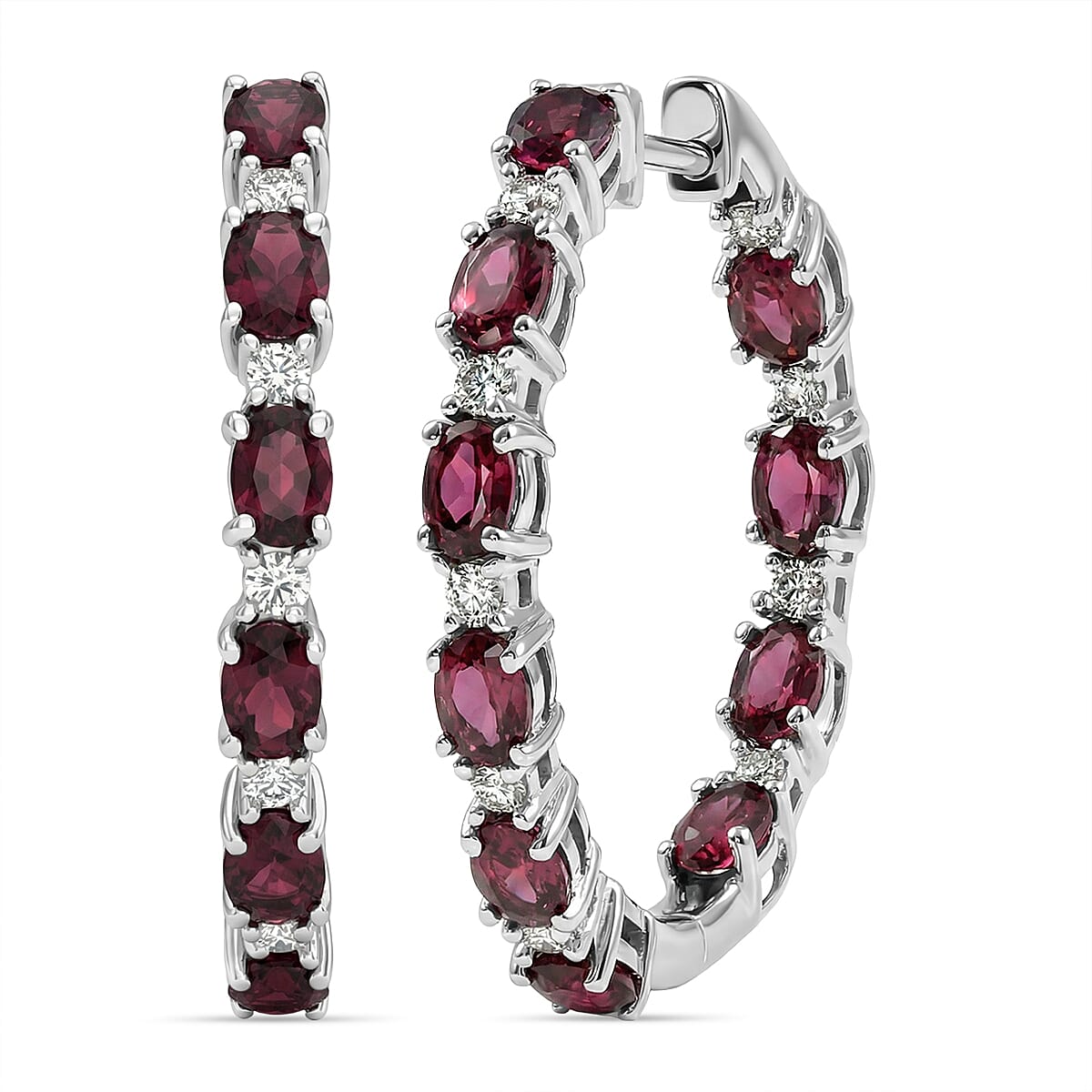 Premium Malawi Magenta Garnet and Luxuriant Lab Grown Diamond G-H SI 4.90 ctw Moonlit Spark Earrings in Rhodium Over Sterling Silver
