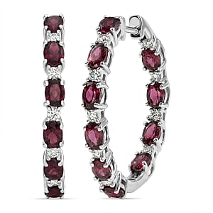 Premium Malawi Magenta Garnet and Luxuriant Lab Grown Diamond G-H SI 4.90 ctw Hoop Earrings in Rhodium Over Sterling Silver