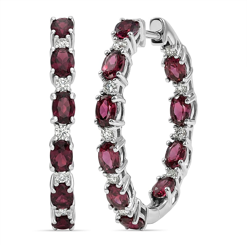 Premium Malawi Magenta Garnet and Luxuriant Lab Grown Diamond G-H SI 4.90 ctw Moonlit Spark Earrings in Rhodium Over Sterling Silver