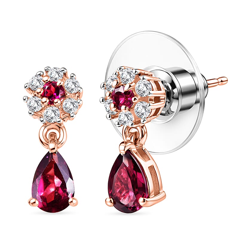 D'Joy Premium Malawi Magenta Garnet and White Zircon 1.35 ctw Blossom Drop Earrings in 18K Vermeil Rose Gold Over Sterling Silver