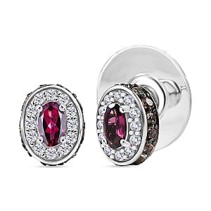 D'Joy Premium Malawi Magenta Garnet, White and Chocolate Zircon 1.50 ctw Earrings in Rhodium Over Sterling Silver