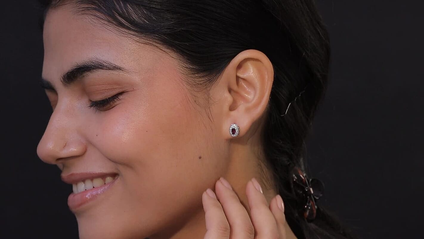 D'Joy Premium Malawi Magenta Garnet, White and Chocolate Zircon 1.50 ctw Crown Studs Earrings in Rhodium Over Sterling Silver