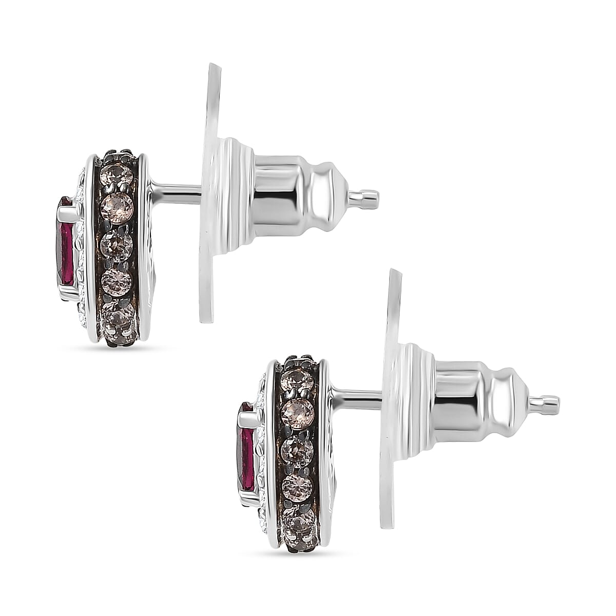 D'Joy Premium Malawi Magenta Garnet, White and Chocolate Zircon 1.50 ctw Earrings in Rhodium Over Sterling Silver image number 3