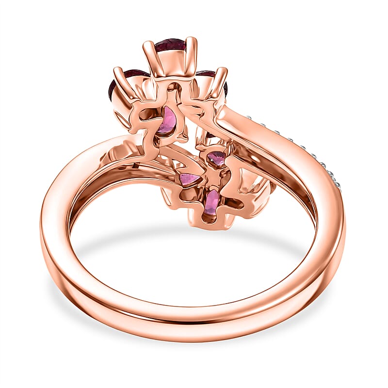 D'Joy Premium Malawi Magenta Garnet and Moissanite 1.70 ctw Floral Affair Ring in 18K Vermeil Rose Gold Over Sterling Silver (Size 8.0)
