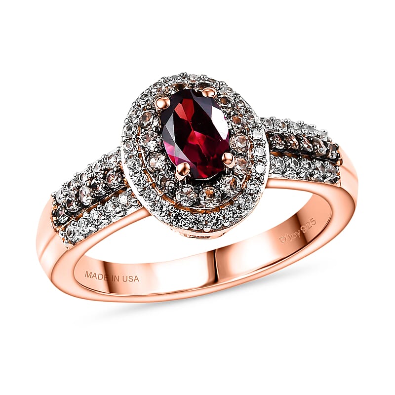 D'Joy Premium Malawi Magenta Garnet, Champagne Zircon and White Zircon 1.50 ctw Twilight Halo Ring in 18K Vermeil Rose Gold Over Sterling Silver (Size 10.0)
