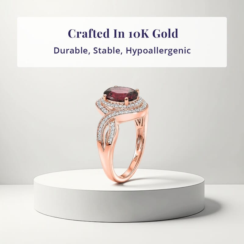Luxoro Premium Malawi Magenta Garnet and Diamond I2 2.50 ctw Love Wave Ring in 10K Rose Gold (Size  10.0) 4.30 Grams