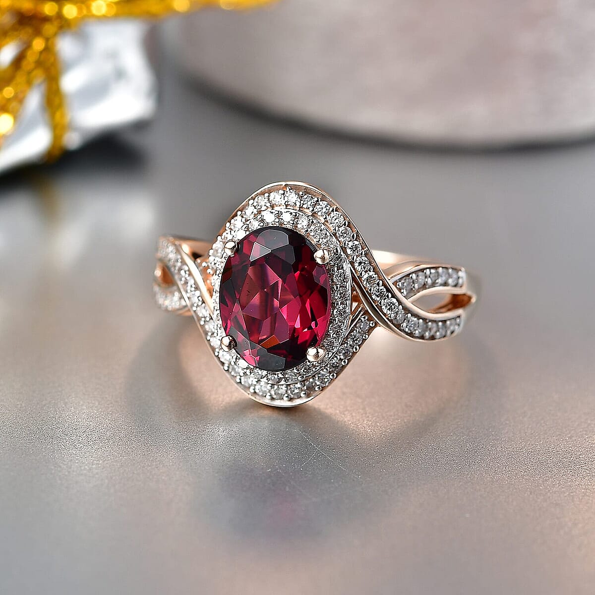 Luxoro Premium Malawi Magenta Garnet and Diamond I2 2.50 ctw Love Wave Ring in 10K Rose Gold (Size  11.5) 4.30 Grams image number 1