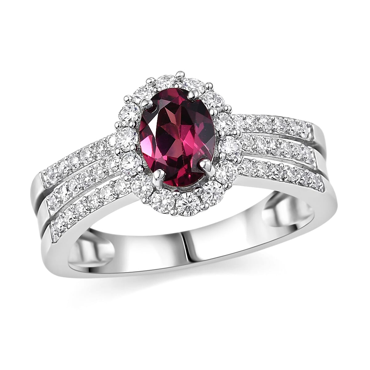D'Joy Premium Malawi Magenta Garnet and Moissanite 1.60 ctw Halo Crest Ring in Rhodium Over Sterling Silver (Size 10.0)