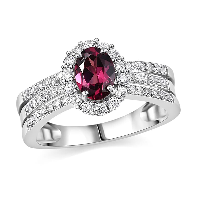 D'Joy Premium Malawi Magenta Garnet and Moissanite 1.60 ctw Halo Crest Ring in Rhodium Over Sterling Silver (Size 10.0)