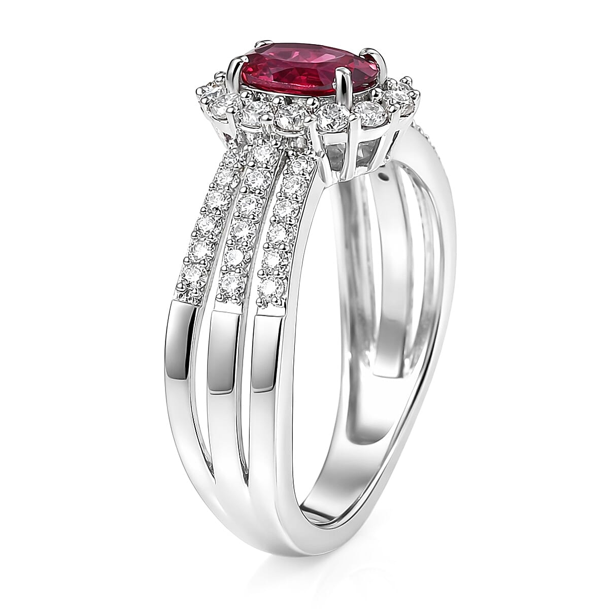 D'Joy Premium Malawi Magenta Garnet and Moissanite 1.60 ctw Halo Crest Ring in Rhodium Over Sterling Silver (Size 10.0)