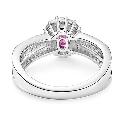 D'Joy Premium Malawi Magenta Garnet and Moissanite 1.60 ctw Halo Crest Ring in Rhodium Over Sterling Silver (Size 10.0)