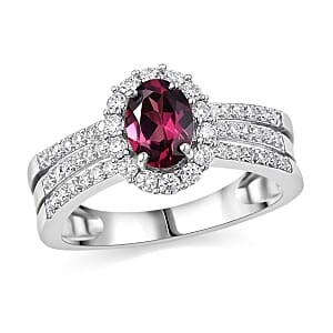 D'Joy Premium Malawi Magenta Garnet, Moissanite Ring in Rhodium Over Sterling Silver (Size 7.0) 1.60 ctw