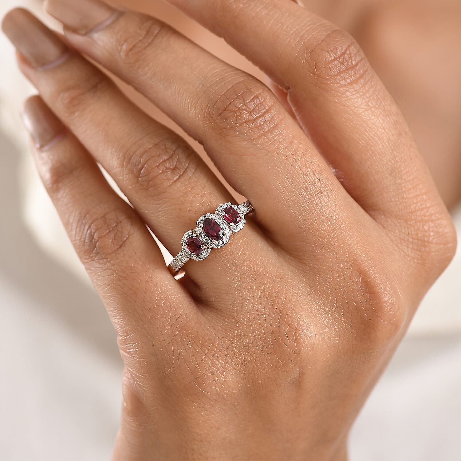 D'Joy Premium Malawi Magenta Garnet and Moissanite 1.00 ctw Twilight Trilogy Ring in 18K Vermeil Rose Gold Over Sterling Silver (Size 5.0)