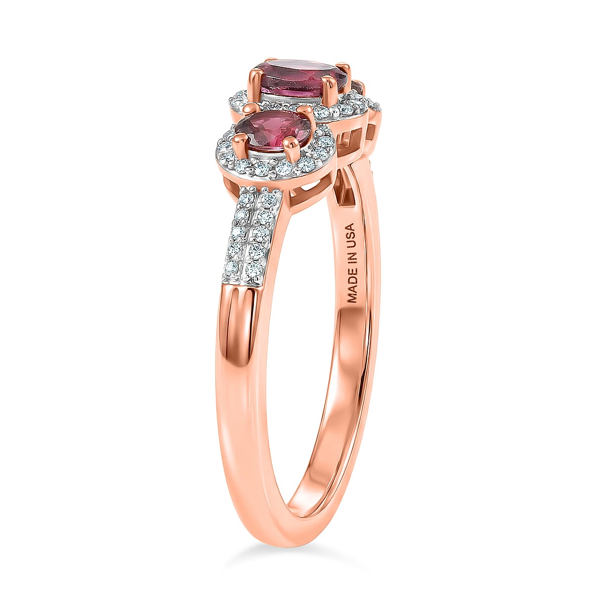 D'Joy Premium Malawi Magenta Garnet and Moissanite 1.00 ctw Twilight Trilogy Ring in 18K Vermeil Rose Gold Over Sterling Silver (Size 5.0)