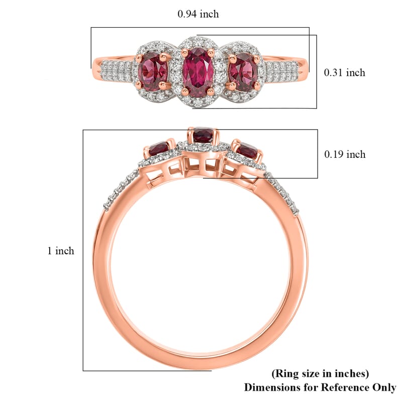 D'Joy Premium Malawi Magenta Garnet and Moissanite 1.00 ctw Twilight Trilogy Ring in 18K Vermeil Rose Gold Over Sterling Silver (Size 5.0)