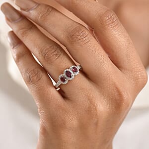 D'Joy Premium Malawi Magenta Garnet and Moissanite 1.00 ctw Twilight Trilogy Ring in 18K Vermeil Rose Gold Over Sterling Silver (Size 6.0)