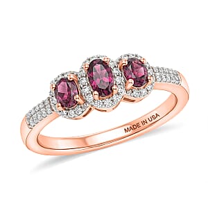 D'Joy Premium Malawi Magenta Garnet and Moissanite 1.00 ctw Twilight Trilogy Ring in 18K Vermeil Rose Gold Over Sterling Silver (Size 8.0)