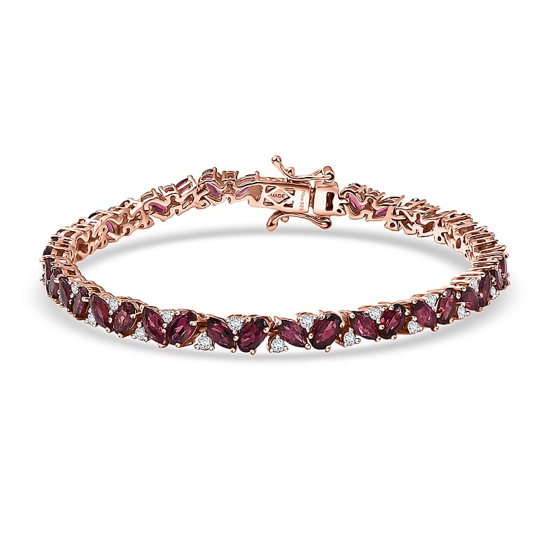 D'Joy Premium Malawi Magenta Garnet and Moissanite 10.85 ctw Moonlit Bloom Bracelet in 18K Vermeil Rose Gold Over Sterling Silver (7.25 In)