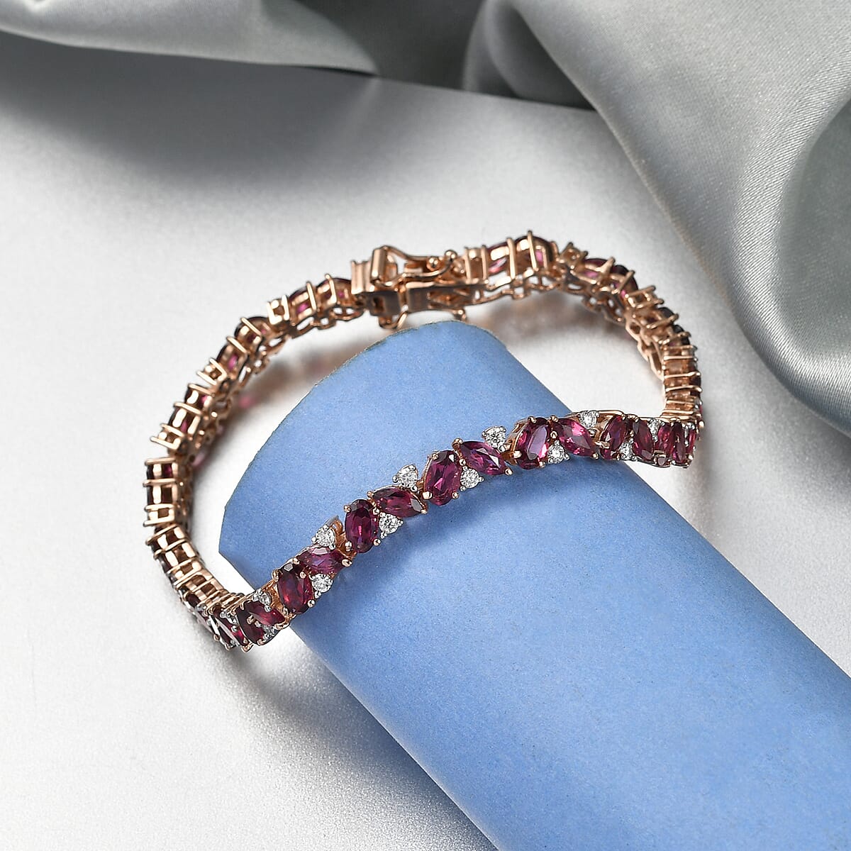 D'Joy Premium Malawi Magenta Garnet and Moissanite 10.85 ctw Bracelet in 18K Vermeil Rose Gold Over Sterling Silver (7.25 In) image number 1