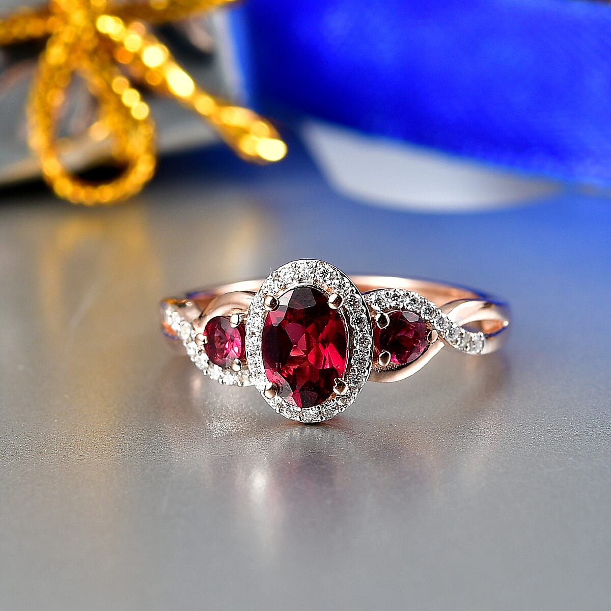 D'Joy Premium Malawi Magenta Garnet and Moissanite 1.50 ctw Twilight Ribbon Ring in 18K Vermeil Rose Gold Over Sterling Silver (Size 8.0) image number 1