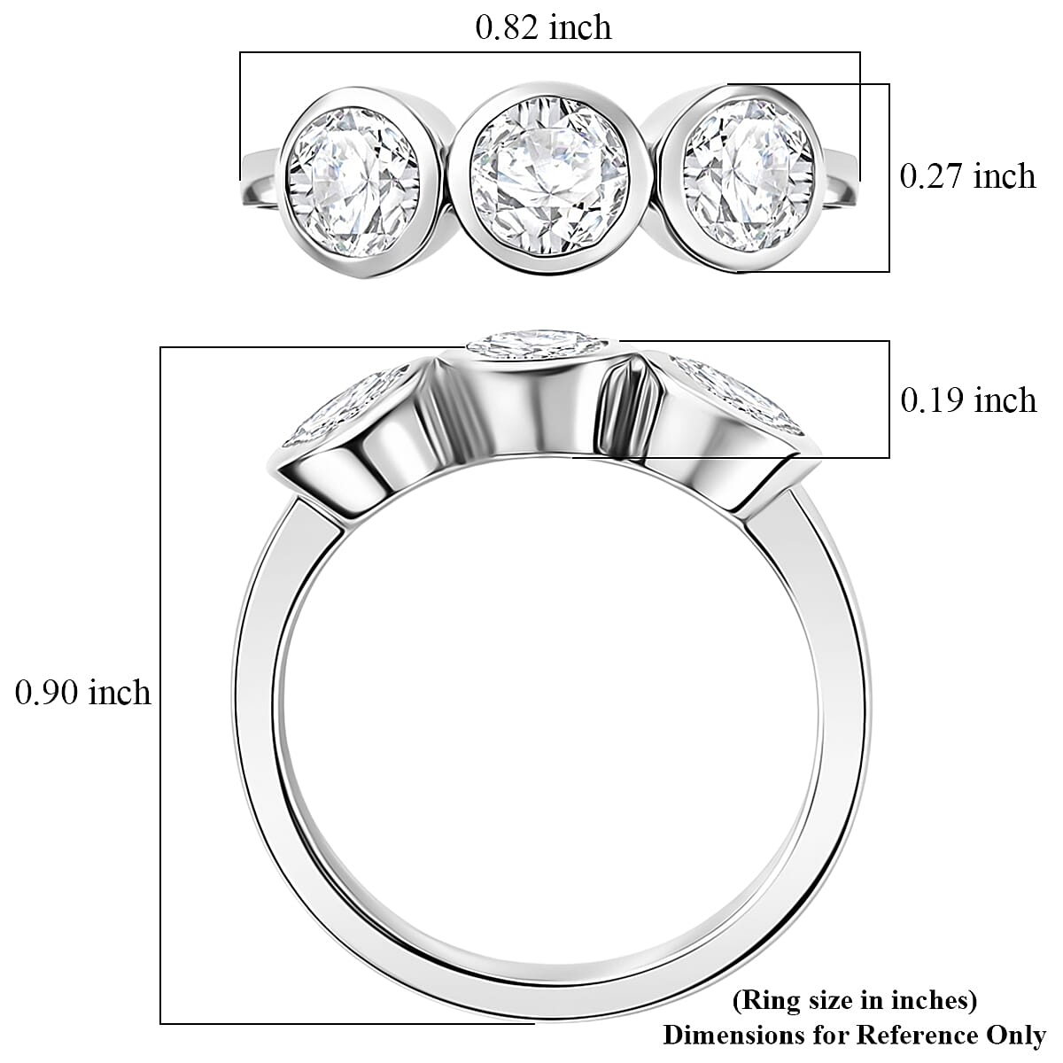 D'Joy Moissanite 1.40 ctw Trinity Ring in Platinum Over Sterling Silver (Size  5.0)
