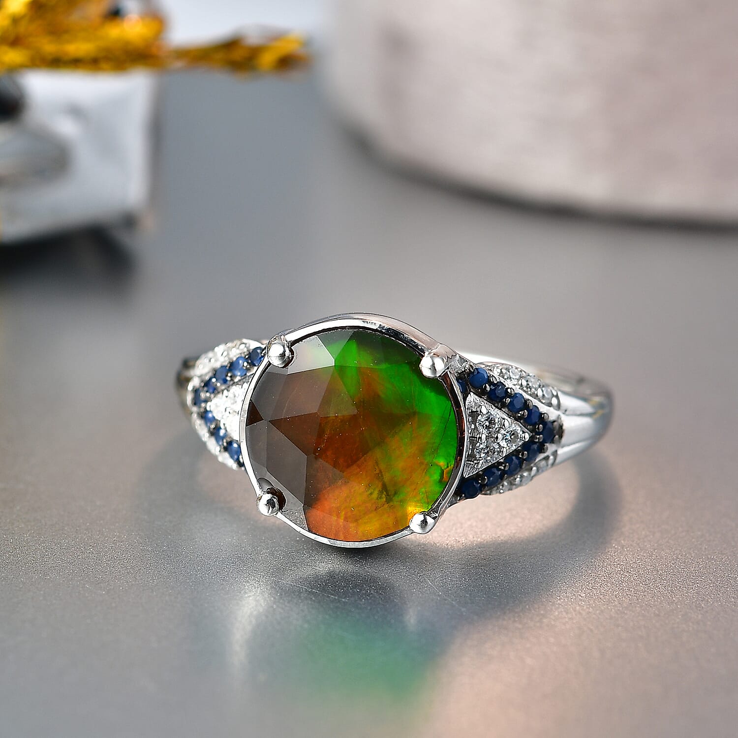D'Joy Canadian Ammolite and Multi Gemstone 2.90 ctw Royal Arch Spectrum Ring in Rhodium Over Sterling Silver (Size 6.0)