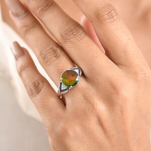D'Joy Canadian Ammolite and Multi Gemstone 2.90 ctw Royal Arch Spectrum Ring in Rhodium Over Sterling Silver (Size 6.0)