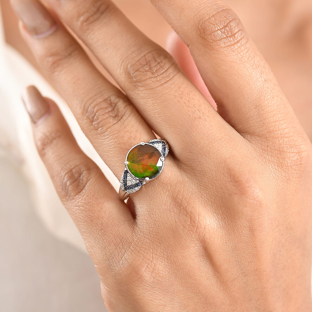 D'Joy Canadian Ammolite and Multi Gemstone 2.90 ctw Royal Arch Spectrum Ring in Rhodium Over Sterling Silver (Size 7.0) image number 2