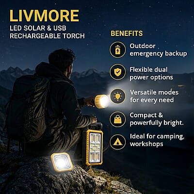 Livmore Yellow LED Solar and USB Rechargeable Torch