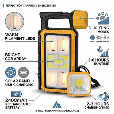 Livmore Yellow LED Solar and USB Rechargeable Torch