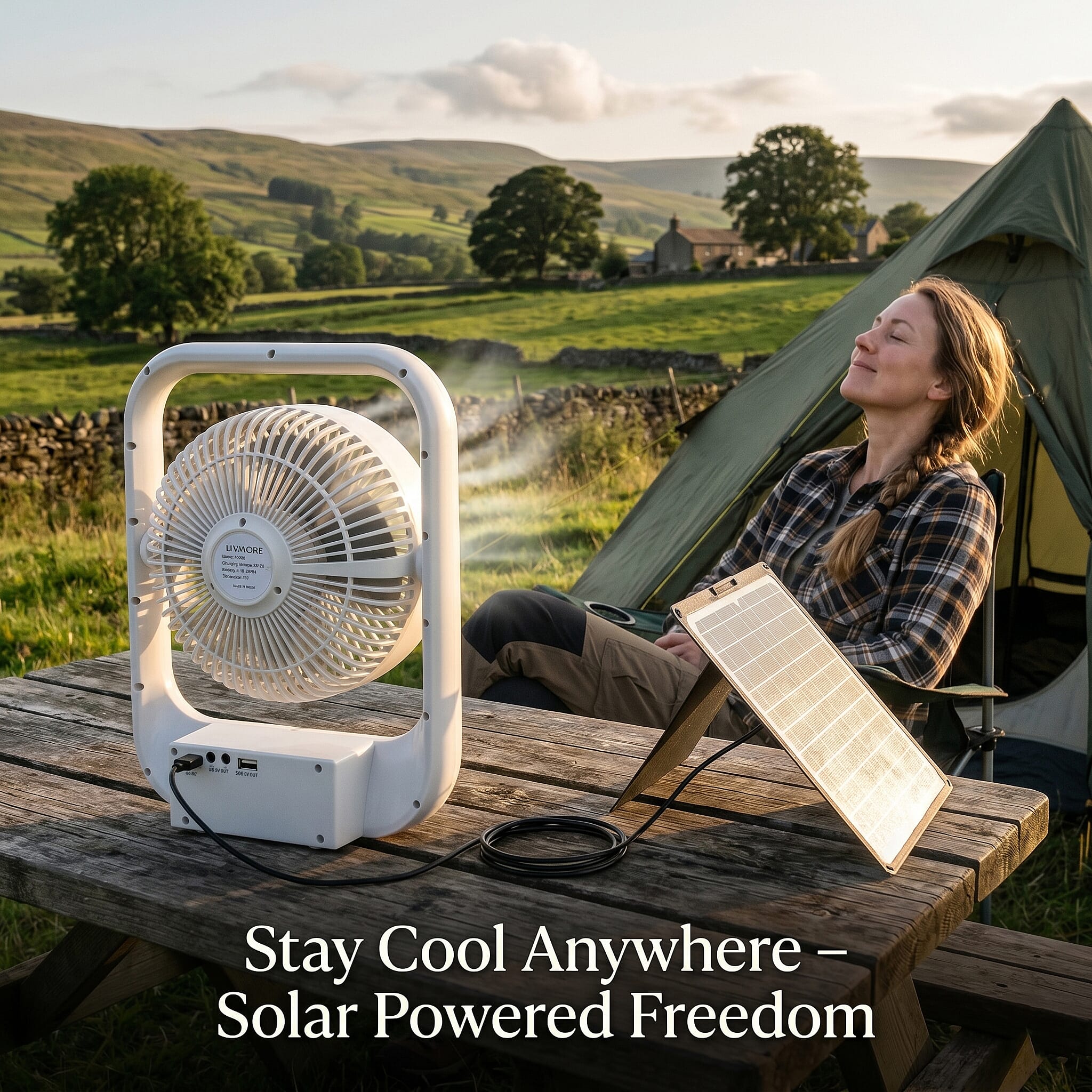 Livmore White USB Rechargeable Fan with 6V4W Solar Panel