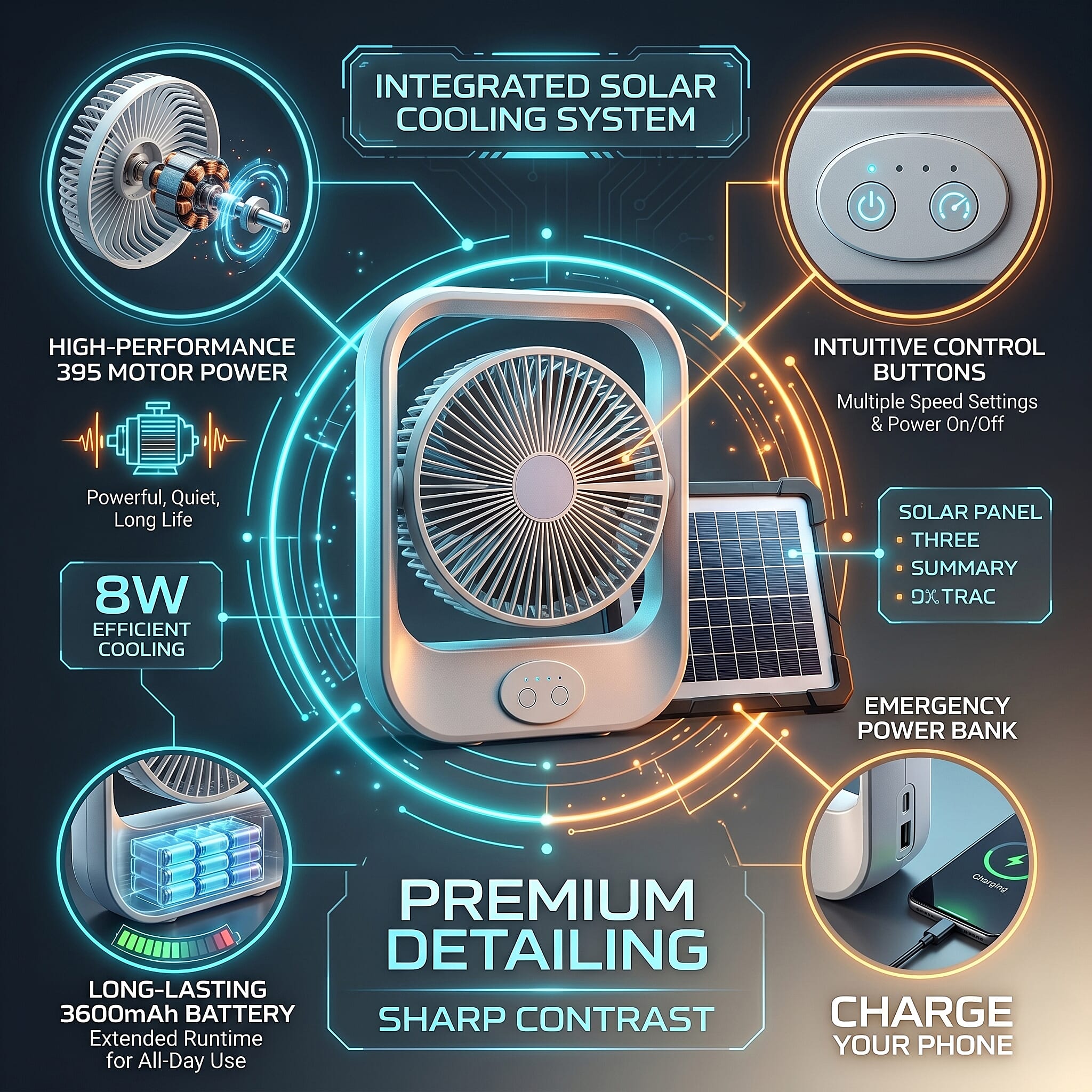Livmore White USB Rechargeable Fan with 6V4W Solar Panel