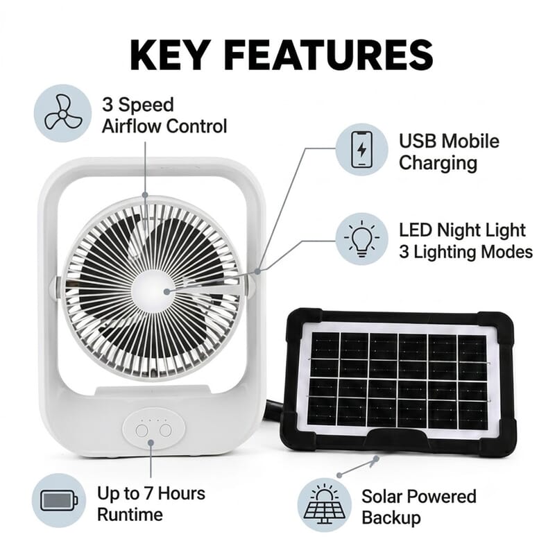 Livmore White USB Rechargeable Fan with 6V4W Solar Panel
