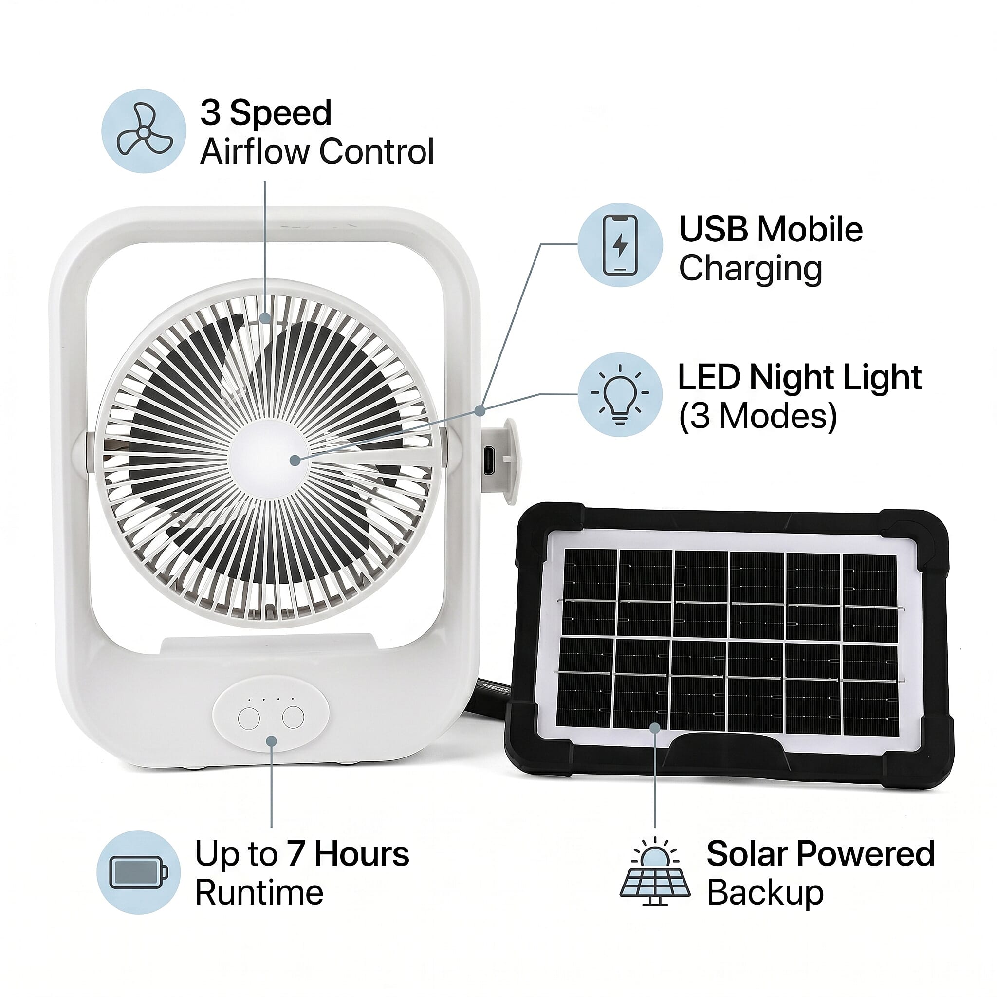 Livmore White USB Rechargeable Fan with 6V4W Solar Panel