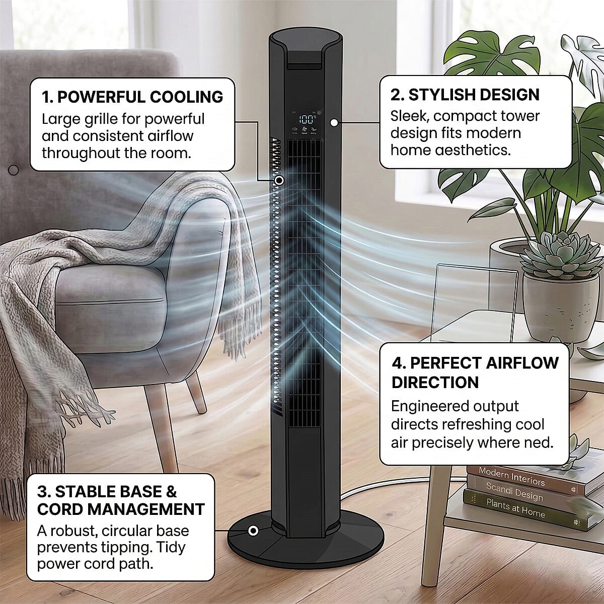 Livmore Black Tower Fan (110V, 45W, 3 Speed Settings) image number 2