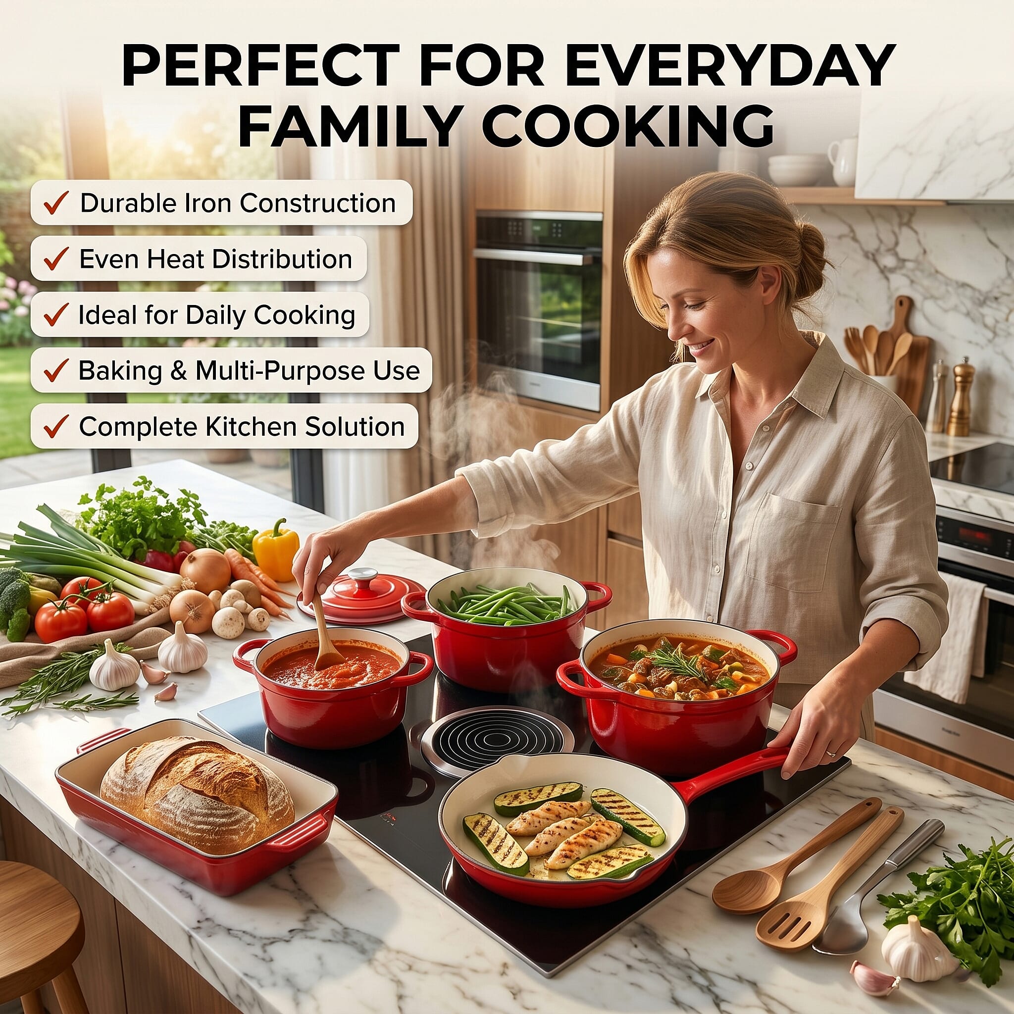 Red Set of 5-Piece Iron Cook Collection (2L, 3L, 4L, Square and Bakeware)