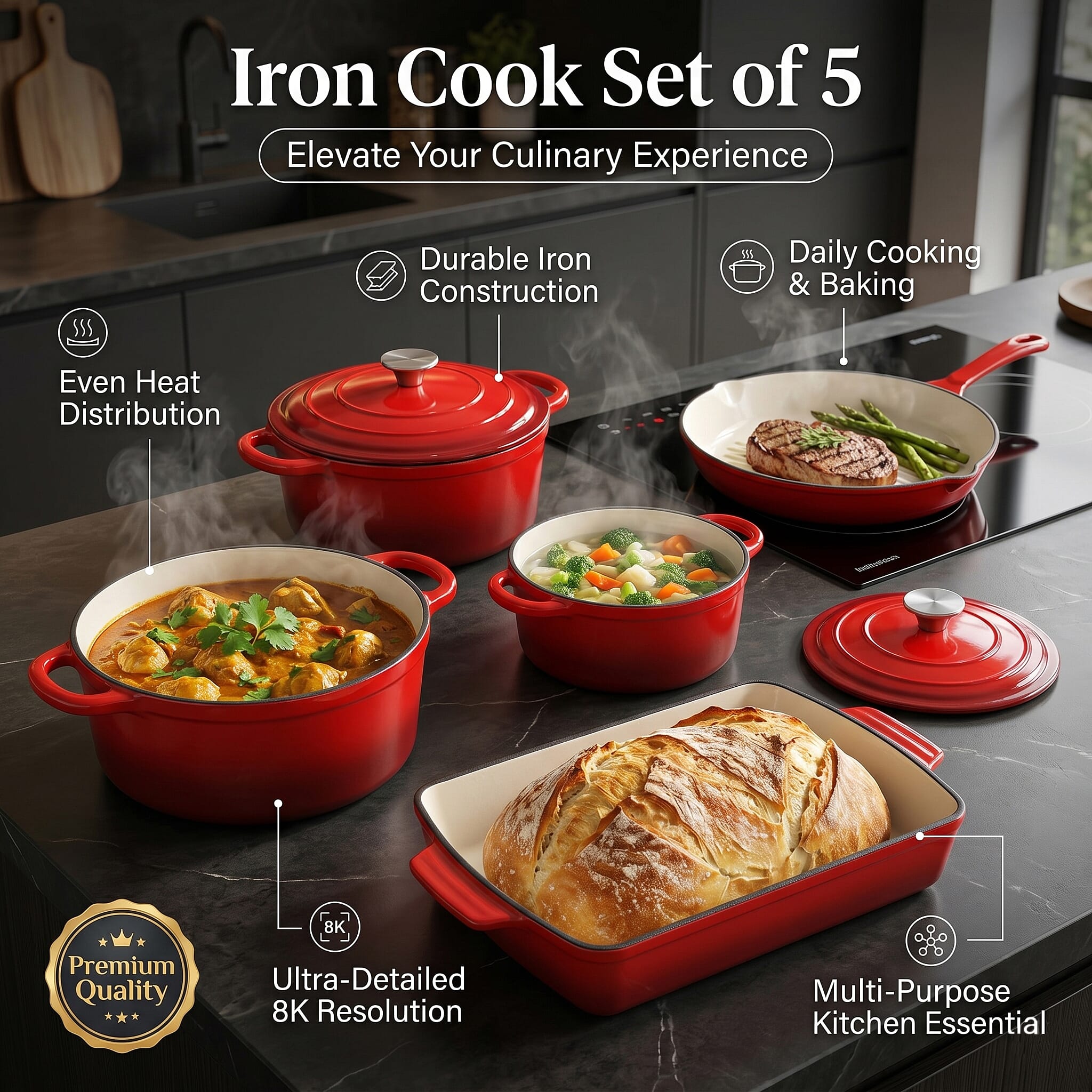 Red Set of 5-Piece Iron Cook Collection (2L, 3L, 4L, Square and Bakeware)