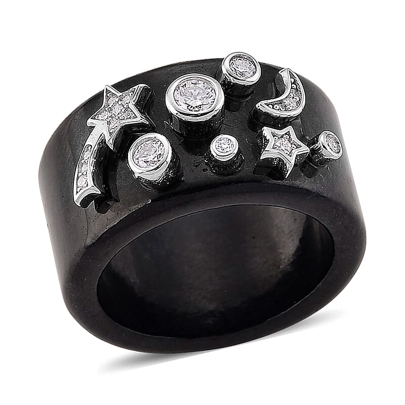 D'Joy Moissanite and Black Jade 33.80 ctw Band Moon Star Ring in Rhodium Over Sterling Silver (Size 10.0)