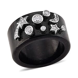 D'Joy Moissanite and Black Jade 33.80 ctw Band Moon Star Ring in Rhodium Over Sterling Silver (Size 5.0)