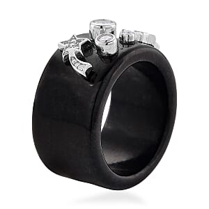 D'Joy Moissanite and Black Jade 33.80 ctw Band Moon Star Ring in Rhodium Over Sterling Silver (Size 5.0)