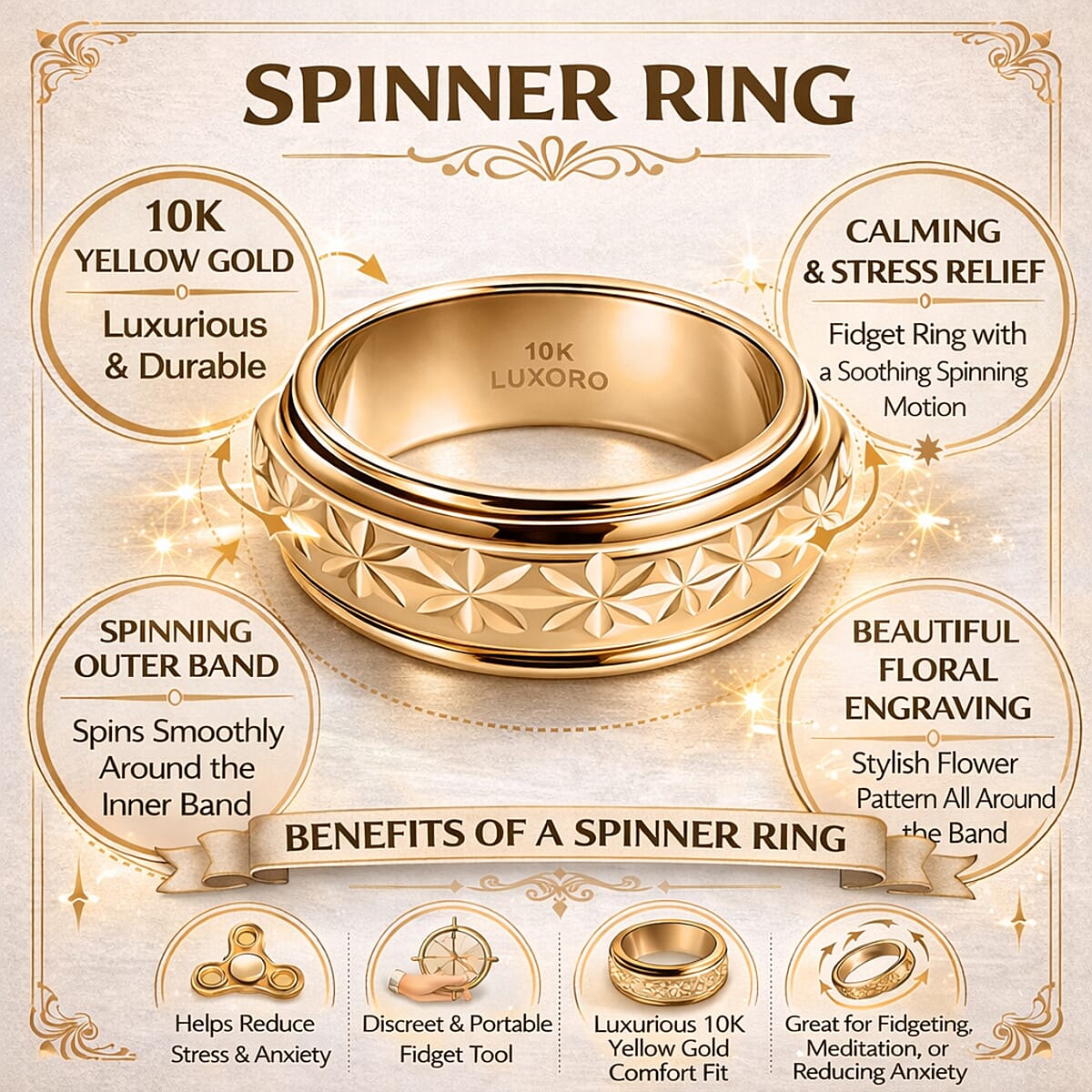 Luxoro Floral Spinner Band Ring in 10K Yellow Gold (Size 8.0) 2.55 Grams image number 5