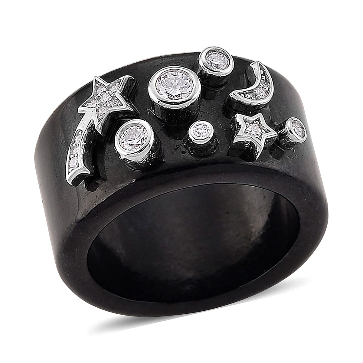 D'Joy Moissanite and Black Jade 33.80 ctw Band Moon Star Ring in Rhodium Over Sterling Silver (Size 6.0)