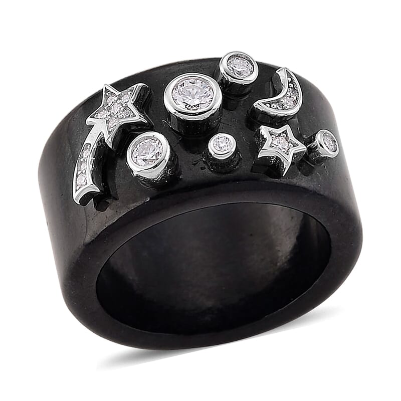 D'Joy Moissanite and Black Jade 33.80 ctw Band Moon Star Ring in Rhodium Over Sterling Silver (Size 6.0)